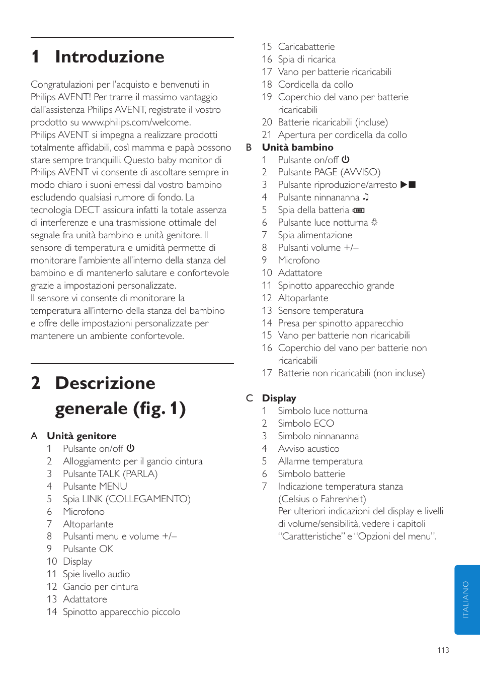 Italiano, It manuale utente, 1 introduzione | 2 descrizione generale (fig. 1) | Philips AVENT Vigilabebés DECT User Manual | Page 113 / 204