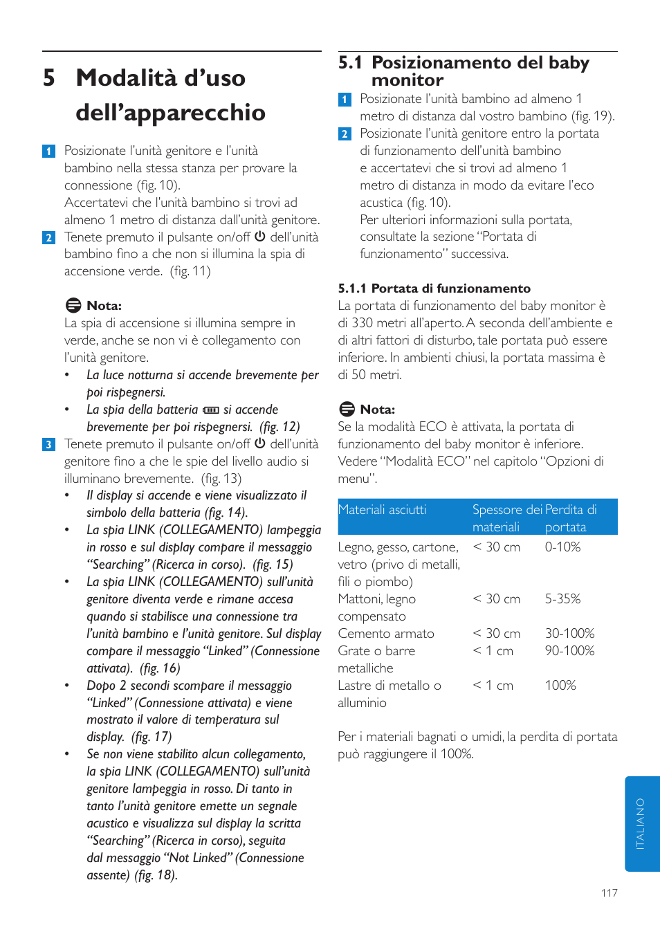 5 modalità d’uso dell’apparecchio, 1 posizionamento del baby monitor | Philips AVENT Vigilabebés DECT User Manual | Page 117 / 204