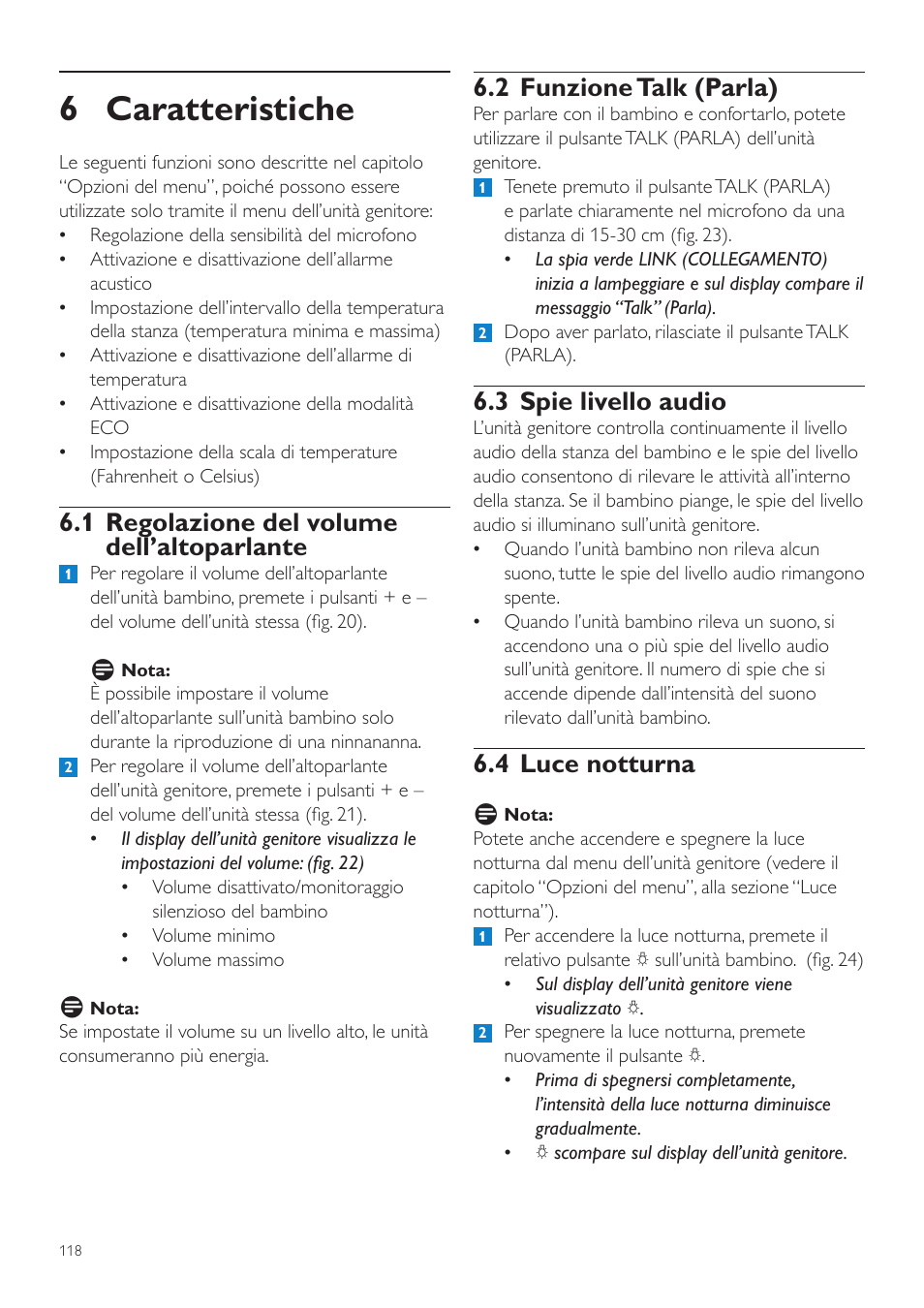 6 caratteristiche, 2 funzione talk (parla), 3 spie livello audio | 4 luce notturna, 1 regolazione del volume dell’altoparlante | Philips AVENT Vigilabebés DECT User Manual | Page 118 / 204