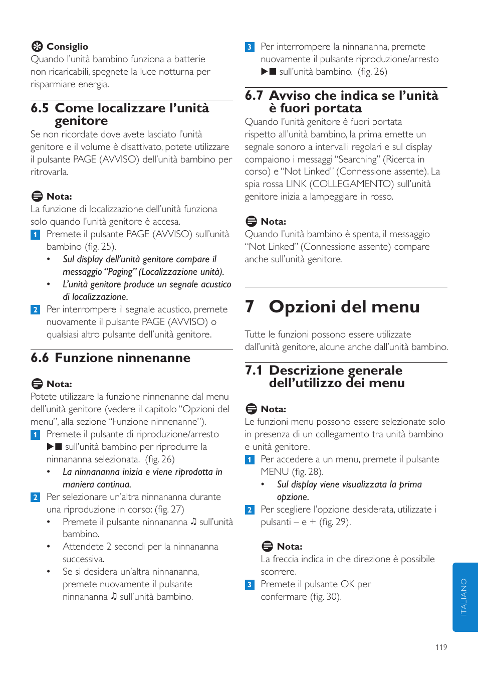 7 opzioni del menu, 7 avviso che indica se l’unità è fuori portata, 1 descrizione generale dell’utilizzo dei menu | 5 come localizzare l’unità genitore, 6 funzione ninnenanne | Philips AVENT Vigilabebés DECT User Manual | Page 119 / 204