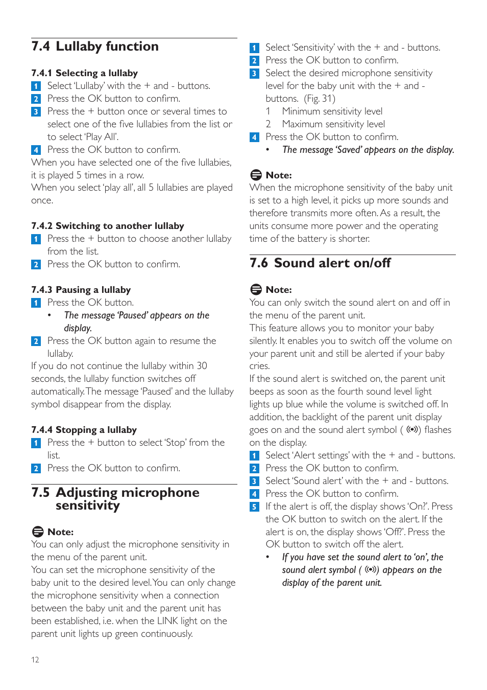 6 sound alert on/off, 4 lullaby function, 5 adjusting microphone sensitivity | Philips AVENT Vigilabebés DECT User Manual | Page 12 / 204