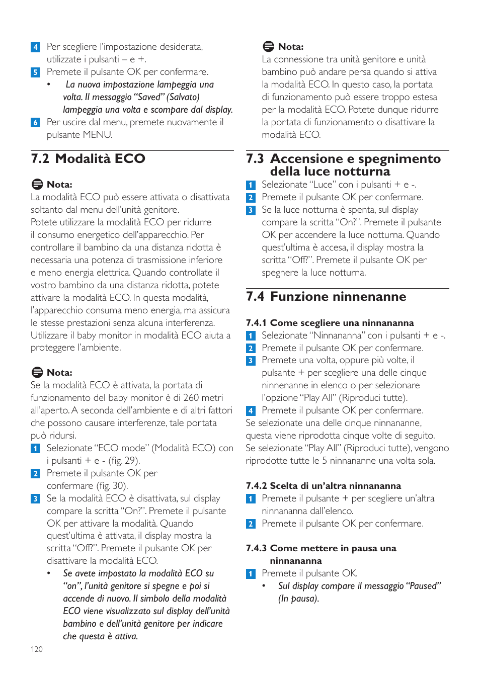 3 accensione e spegnimento della luce notturna, 4 funzione ninnenanne, 2 modalità eco | Philips AVENT Vigilabebés DECT User Manual | Page 120 / 204