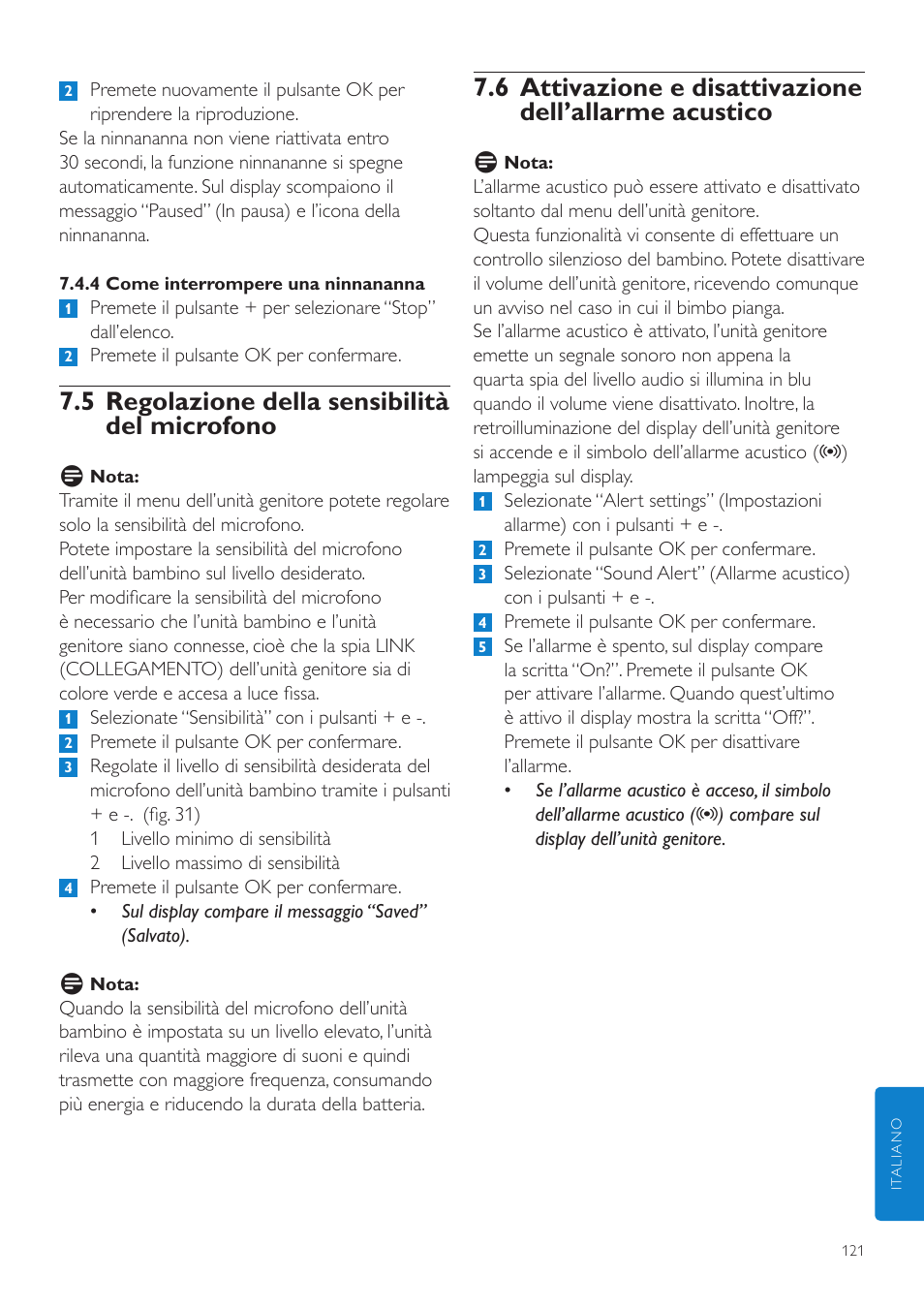 5 regolazione della sensibilità del microfono | Philips AVENT Vigilabebés DECT User Manual | Page 121 / 204