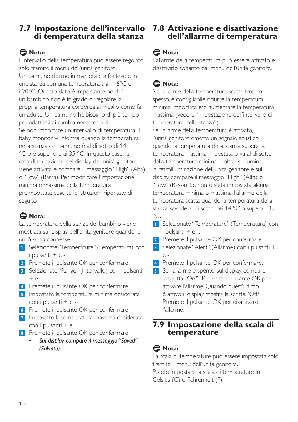 9 impostazione della scala di temperature | Philips AVENT Vigilabebés DECT User Manual | Page 122 / 204