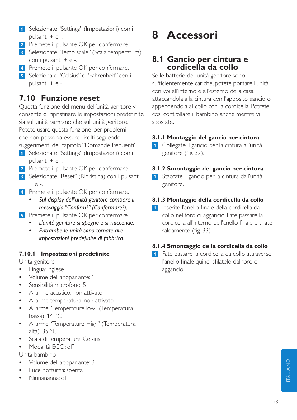 8 accessori, 1 gancio per cintura e cordicella da collo, 10 funzione reset | Philips AVENT Vigilabebés DECT User Manual | Page 123 / 204