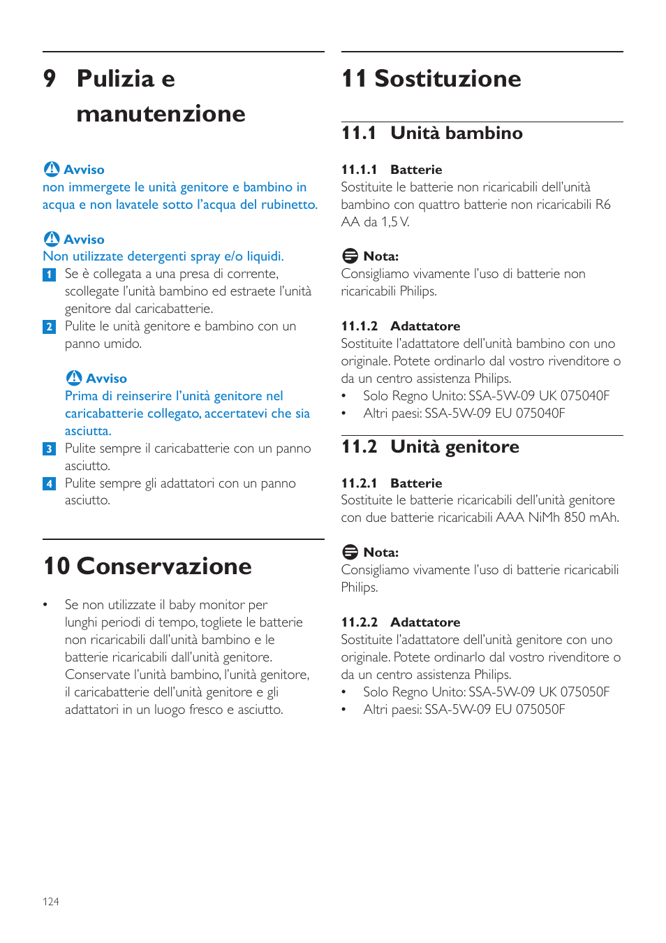 11 sostituzione, 9 pulizia e manutenzione, 10 conservazione | 1 unità bambino, 2 unità genitore | Philips AVENT Vigilabebés DECT User Manual | Page 124 / 204