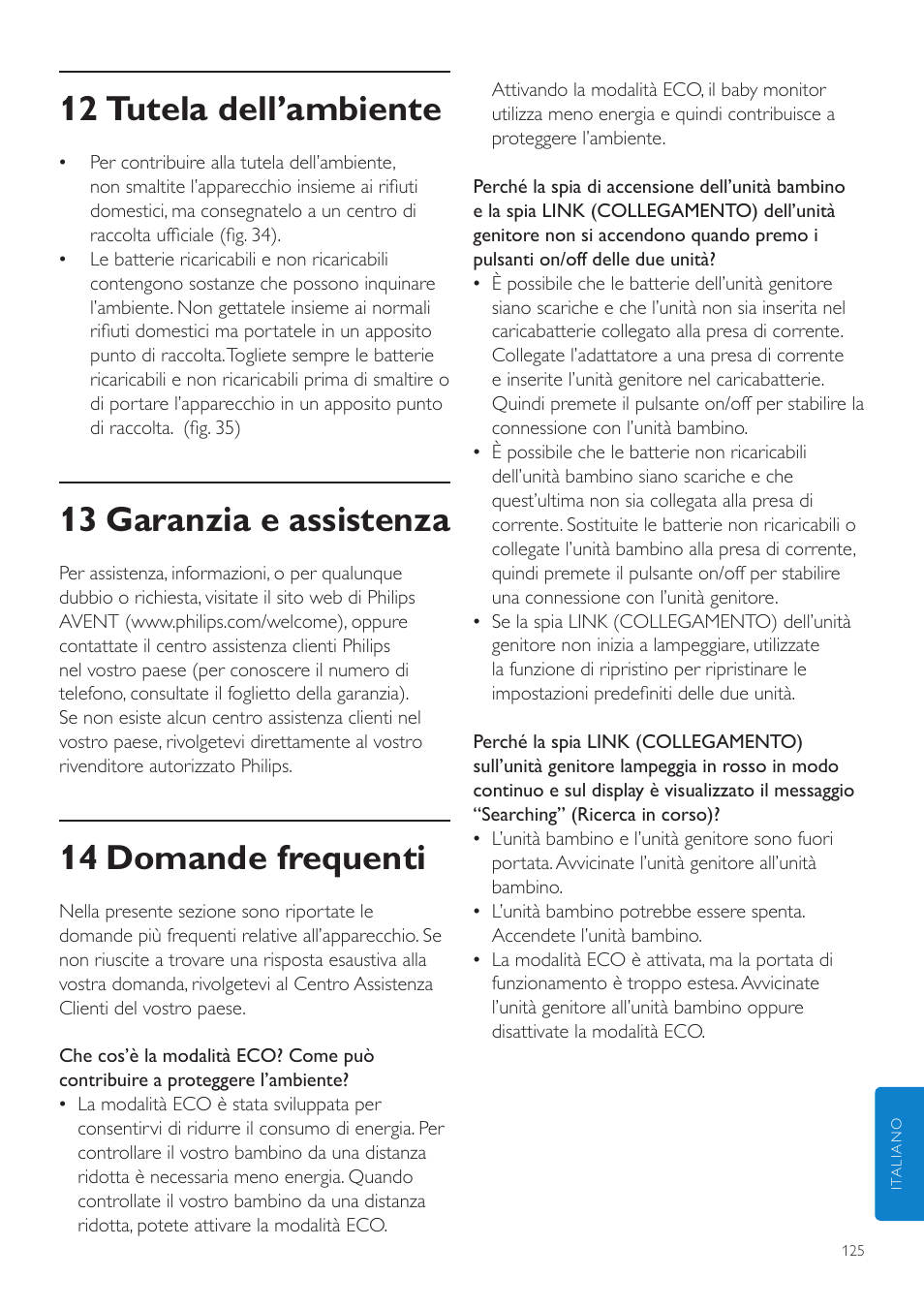 12 tutela dell’ambiente, 13 garanzia e assistenza, 14 domande frequenti | Philips AVENT Vigilabebés DECT User Manual | Page 125 / 204
