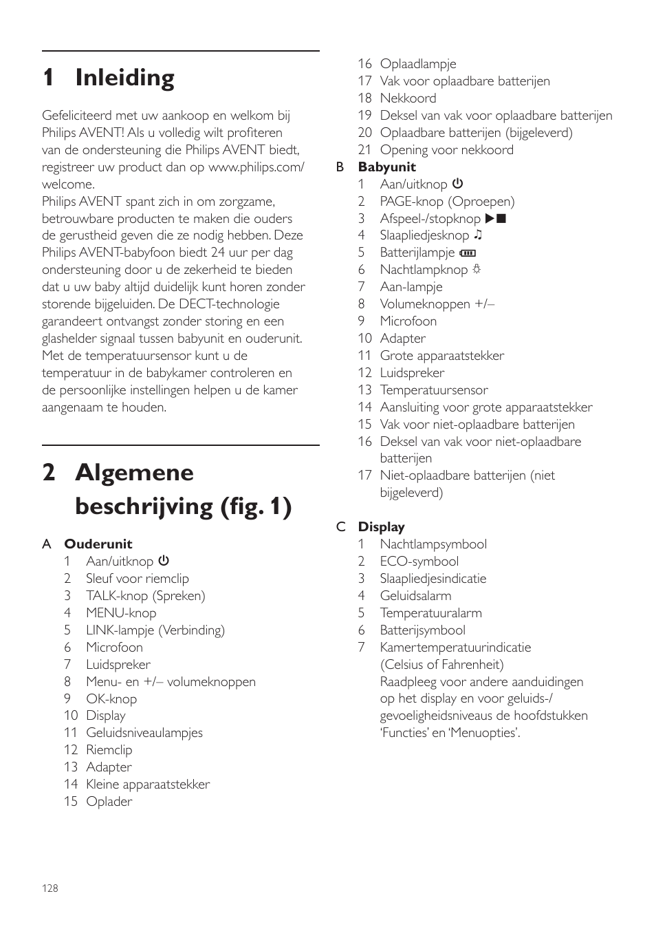 Nederlands, Nl gebruiksaanwijzing, 1 inleiding | 2 algemene beschrijving (fig. 1) | Philips AVENT Vigilabebés DECT User Manual | Page 128 / 204