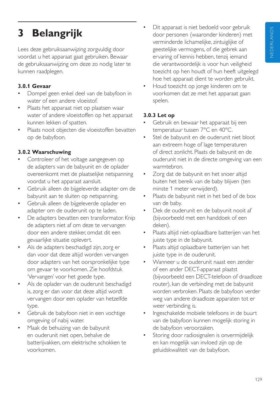 3 belangrijk | Philips AVENT Vigilabebés DECT User Manual | Page 129 / 204