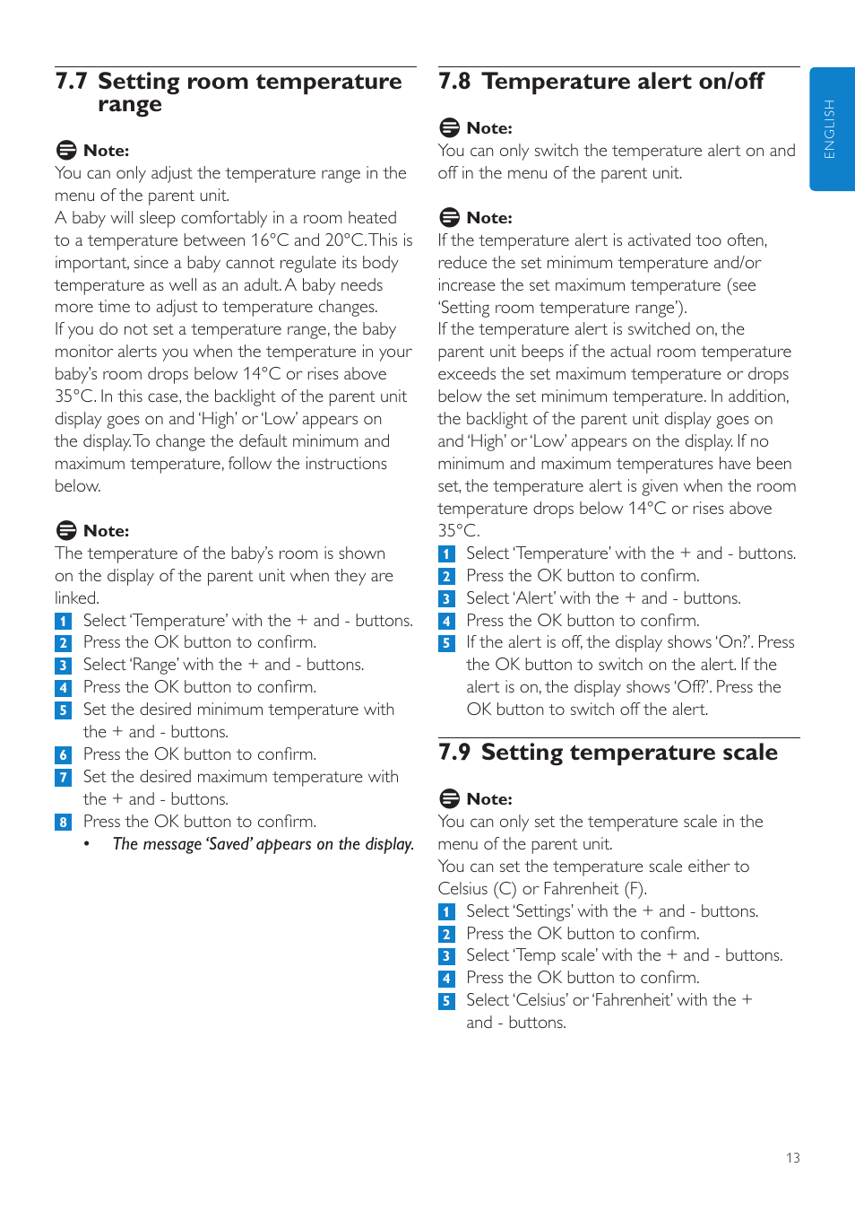 8 temperature alert on/off, 9 setting temperature scale, 7 setting room temperature range | Philips AVENT Vigilabebés DECT User Manual | Page 13 / 204