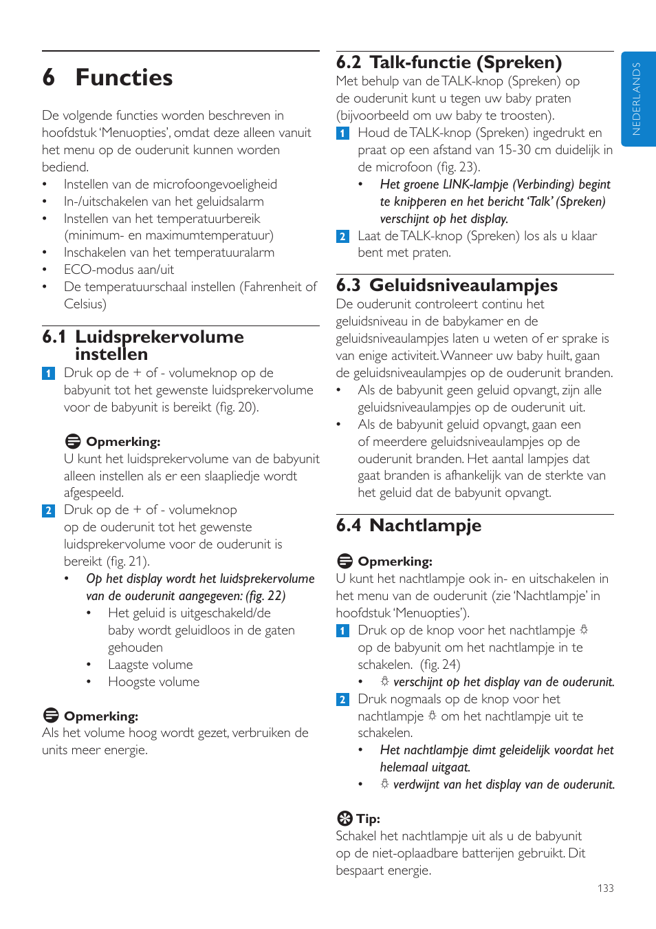 6 functies, 2 talk-functie (spreken), 3 geluidsniveaulampjes | 4 nachtlampje, 1 luidsprekervolume instellen | Philips AVENT Vigilabebés DECT User Manual | Page 133 / 204