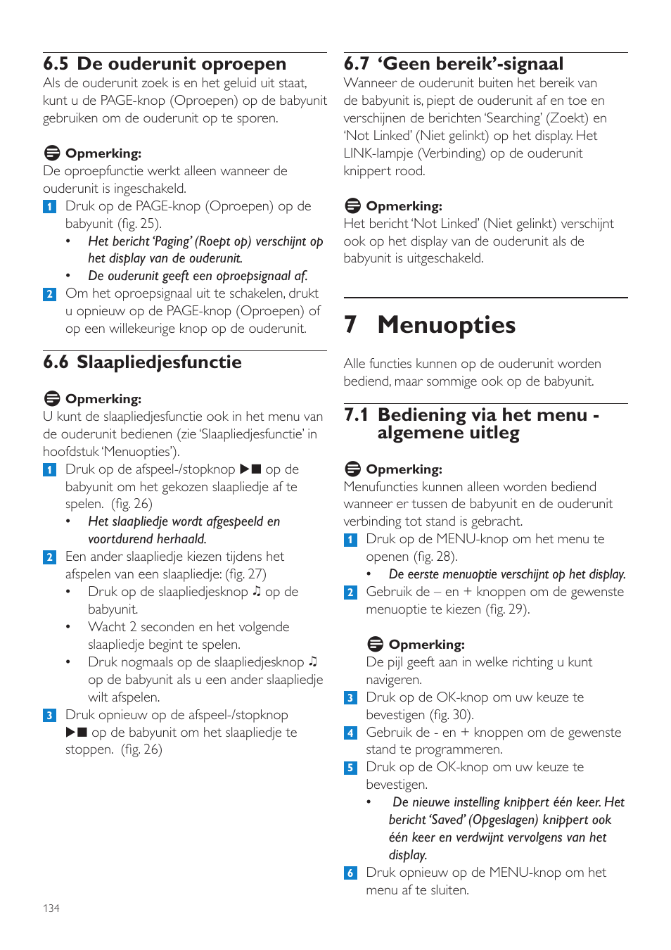 7 menuopties, 7 ‘geen bereik’-signaal, 1 bediening via het menu - algemene uitleg | 5 de ouderunit oproepen, 6 slaapliedjesfunctie | Philips AVENT Vigilabebés DECT User Manual | Page 134 / 204