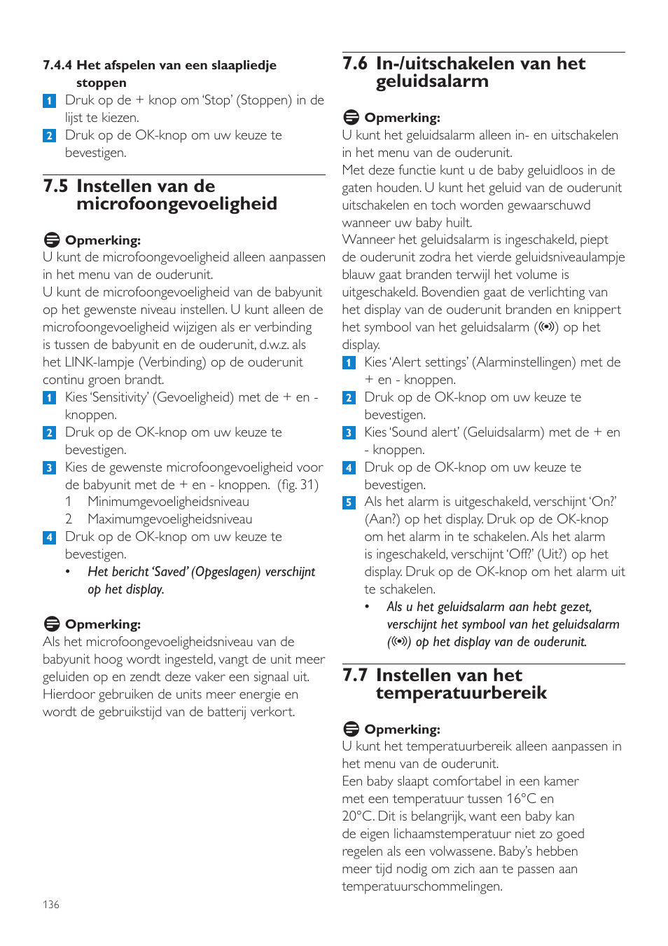 6 in-/uitschakelen van het geluidsalarm, 7 instellen van het temperatuurbereik, 5 instellen van de microfoongevoeligheid | Philips AVENT Vigilabebés DECT User Manual | Page 136 / 204