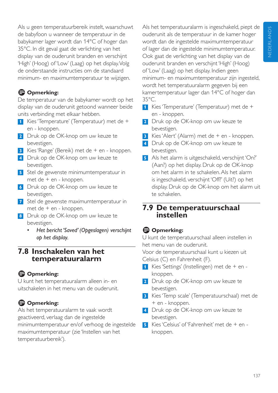 9 de temperatuurschaal instellen, 8 inschakelen van het temperatuuralarm | Philips AVENT Vigilabebés DECT User Manual | Page 137 / 204