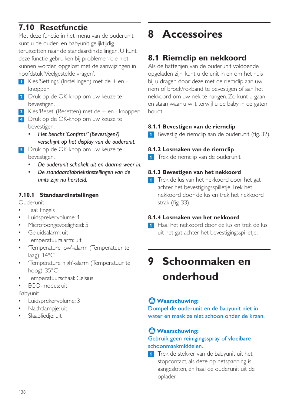 8 accessoires, 9 schoonmaken en onderhoud, 1 riemclip en nekkoord | 10 resetfunctie | Philips AVENT Vigilabebés DECT User Manual | Page 138 / 204