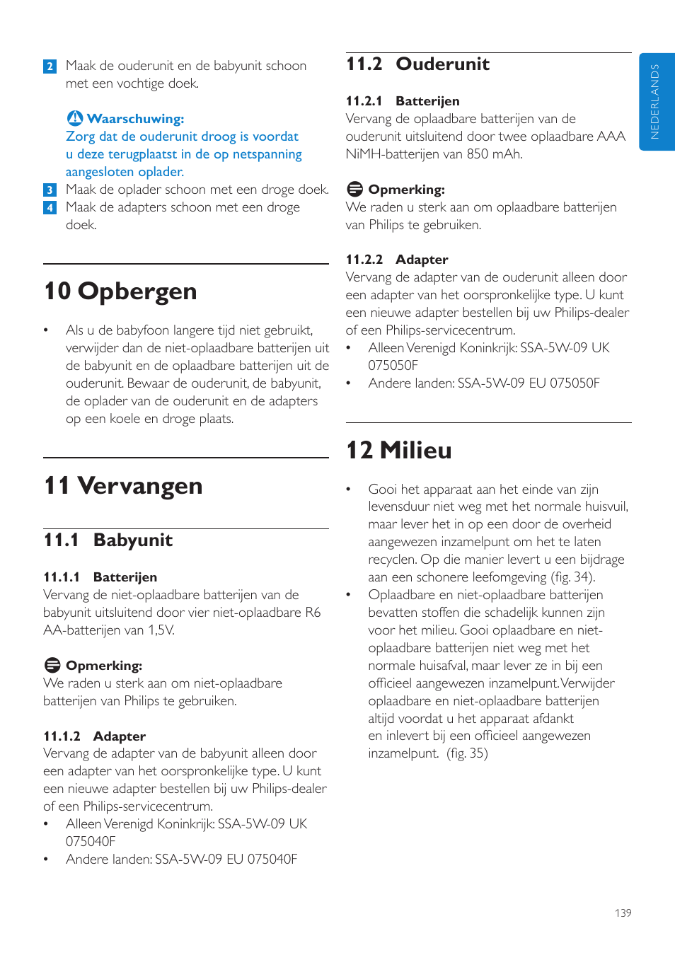 12 milieu, 10 opbergen, 11 vervangen | 2 ouderunit, 1 babyunit | Philips AVENT Vigilabebés DECT User Manual | Page 139 / 204