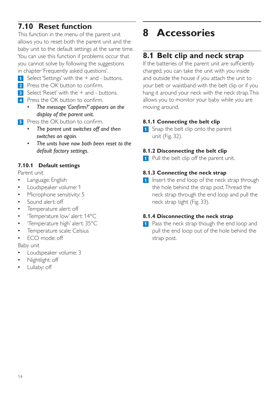 8 accessories, 1 belt clip and neck strap, 10 reset function | Philips AVENT Vigilabebés DECT User Manual | Page 14 / 204