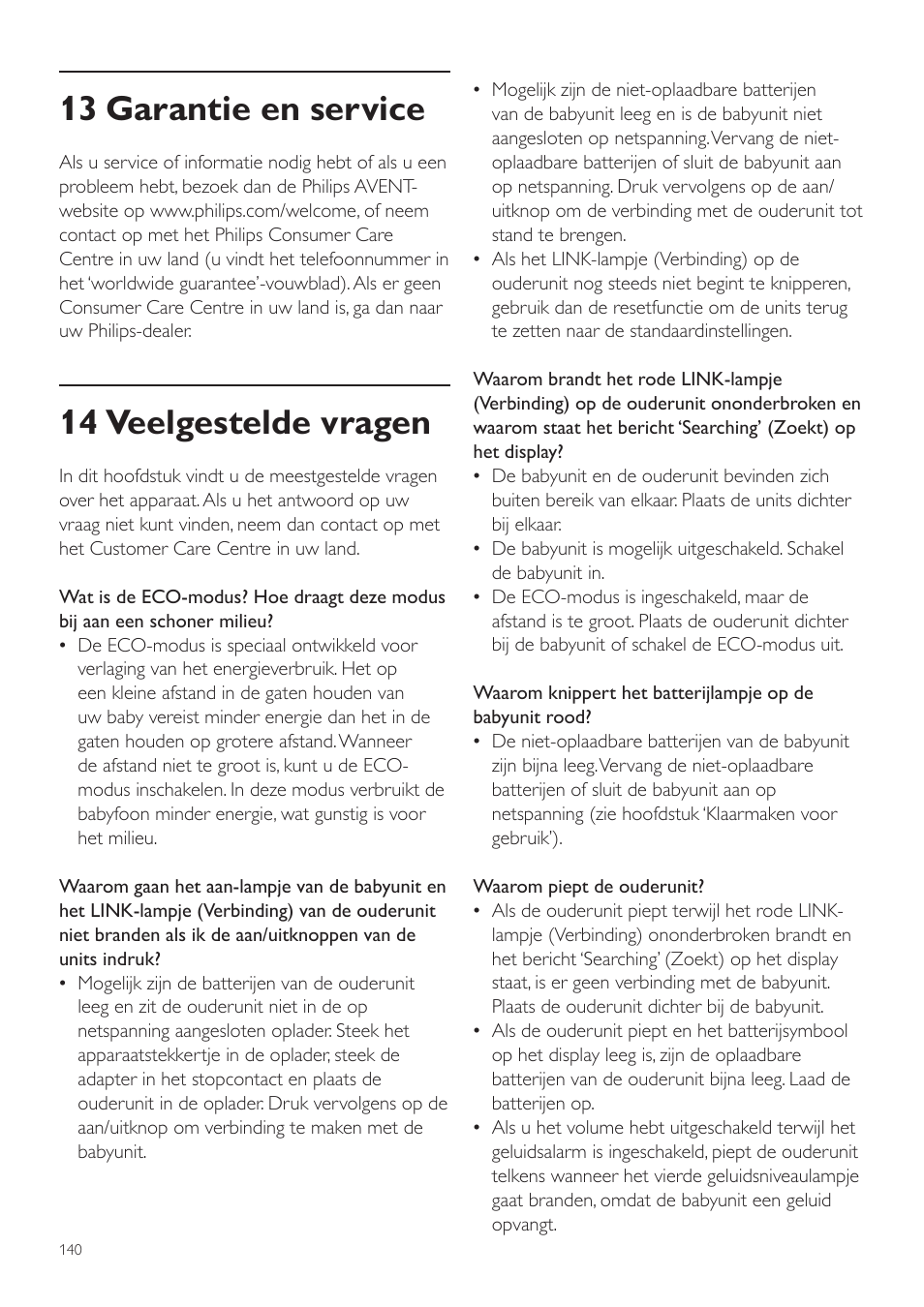 13 garantie en service, 14 veelgestelde vragen | Philips AVENT Vigilabebés DECT User Manual | Page 140 / 204
