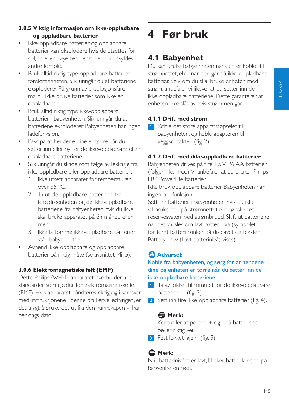 4 før bruk, 1 babyenhet | Philips AVENT Vigilabebés DECT User Manual | Page 145 / 204