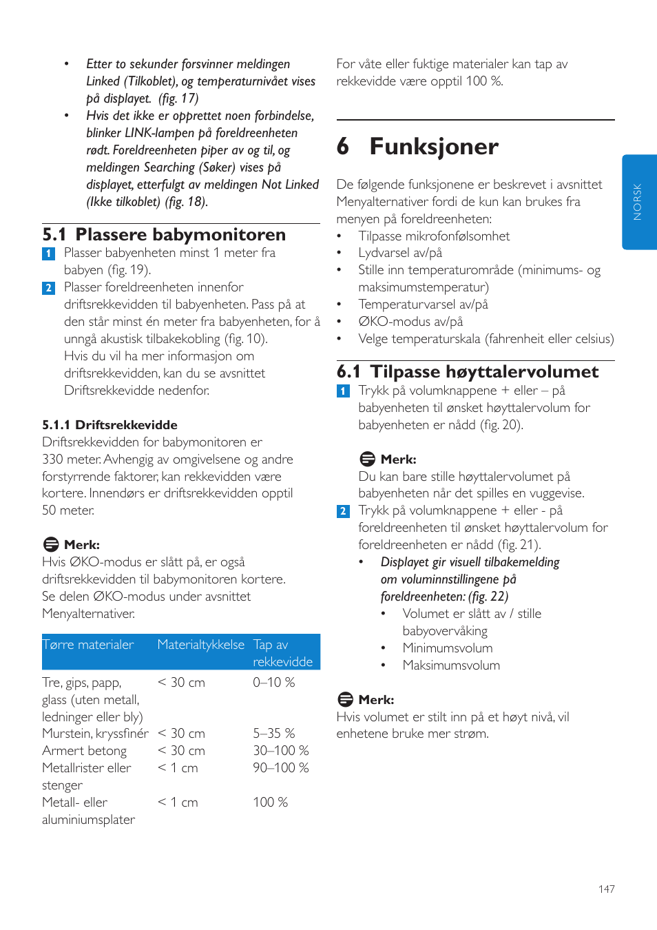 6 funksjoner, 1 tilpasse høyttalervolumet, 1 plassere babymonitoren | Philips AVENT Vigilabebés DECT User Manual | Page 147 / 204
