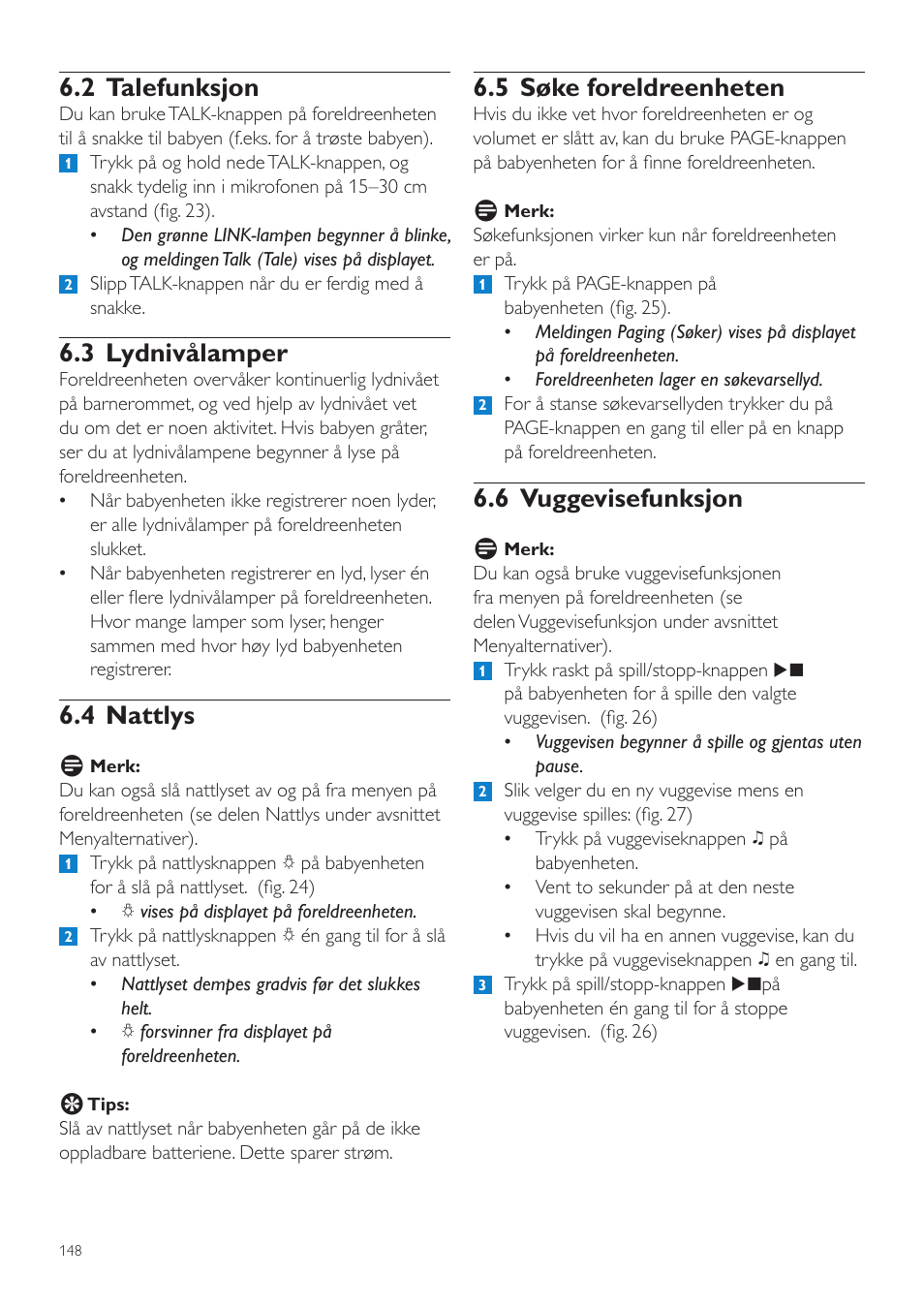 5 søke foreldreenheten, 6 vuggevisefunksjon, 2 talefunksjon | 3 lydnivålamper, 4 nattlys | Philips AVENT Vigilabebés DECT User Manual | Page 148 / 204