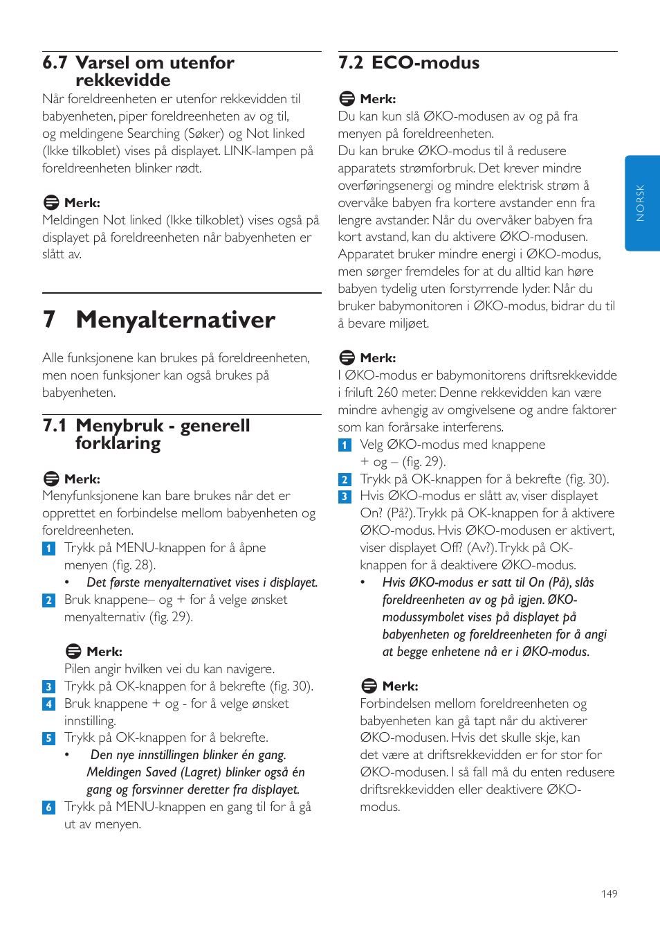 7 menyalternativer, 2 eco-modus, 7 varsel om utenfor rekkevidde | 1 menybruk - generell forklaring | Philips AVENT Vigilabebés DECT User Manual | Page 149 / 204