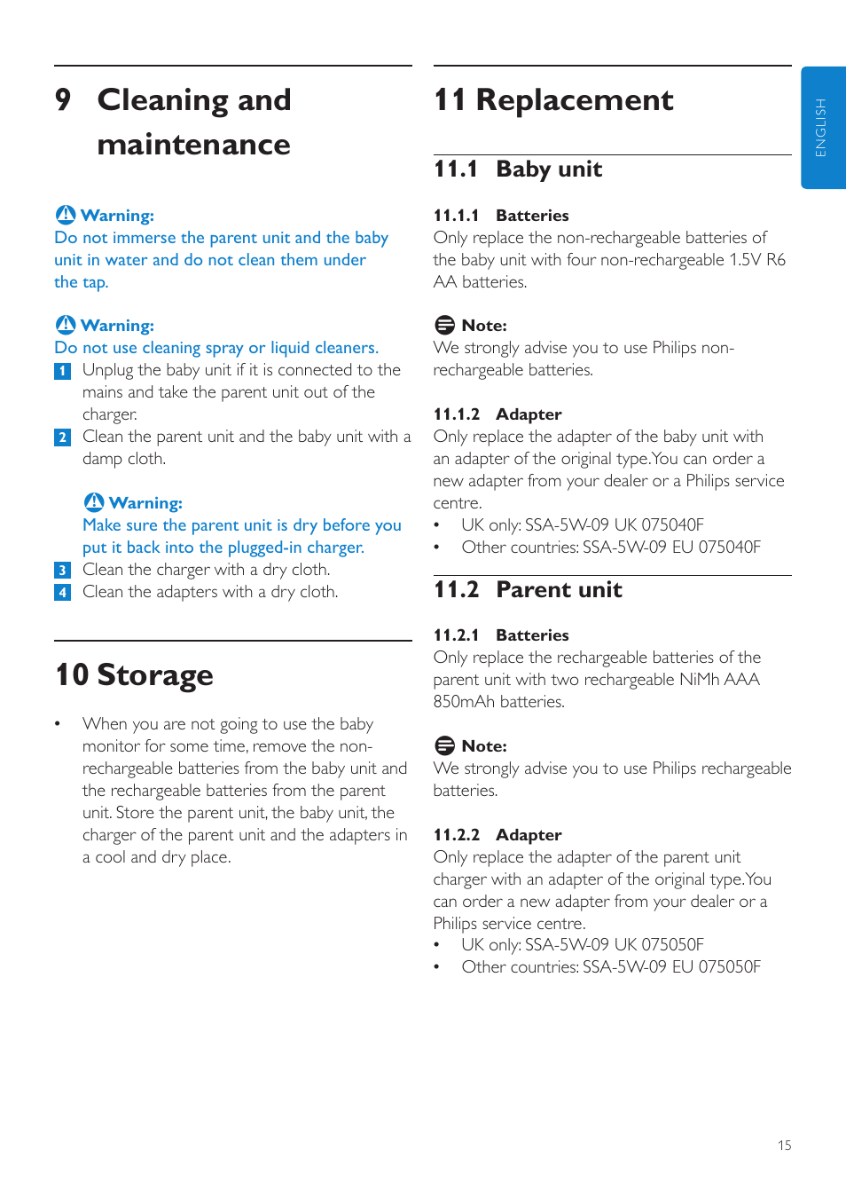 11 replacement, 9 cleaning and maintenance, 10 storage | 1 baby unit, 2 parent unit | Philips AVENT Vigilabebés DECT User Manual | Page 15 / 204