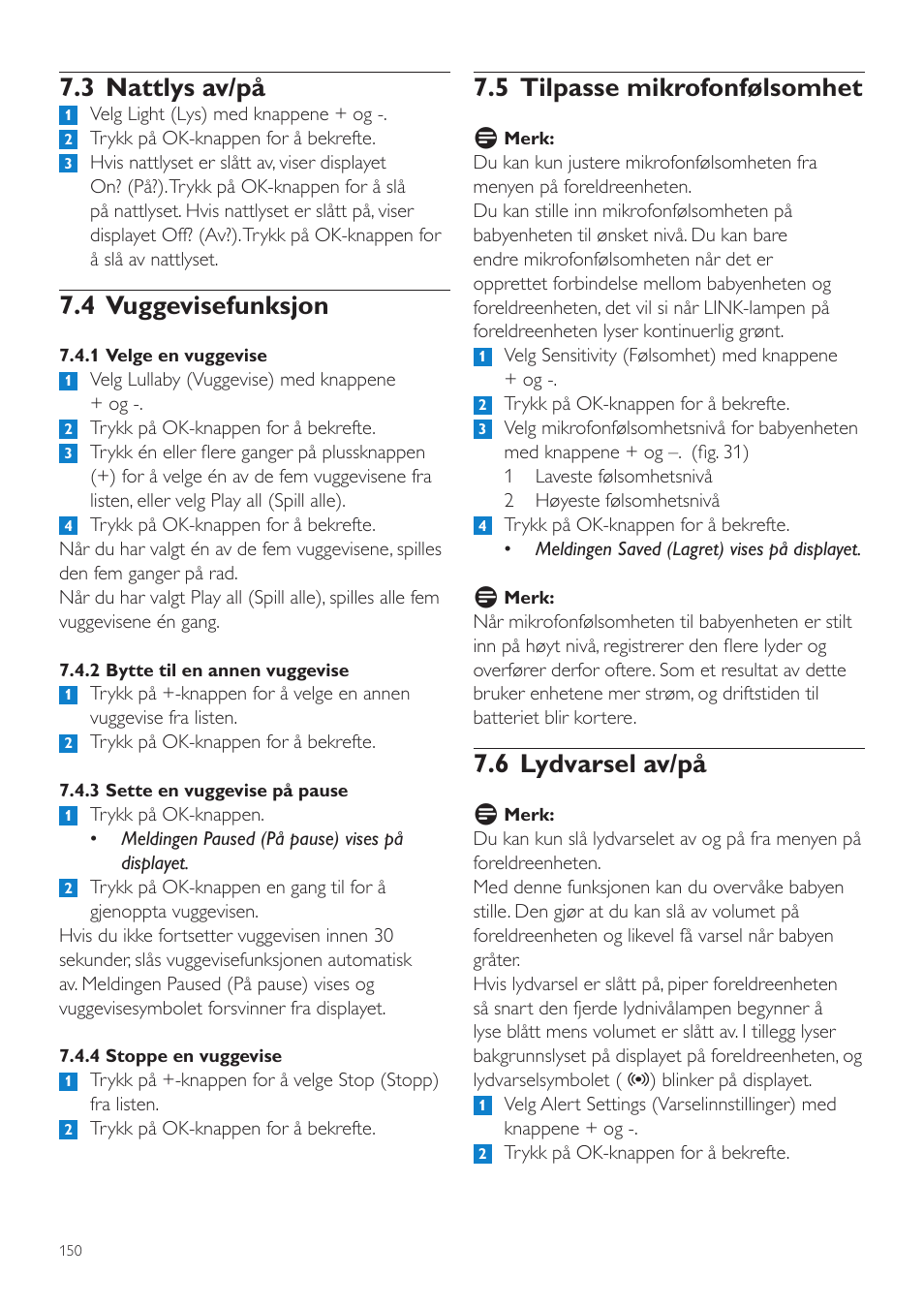 5 tilpasse mikrofonfølsomhet, 6 lydvarsel av/på, 3 nattlys av/på | 4 vuggevisefunksjon | Philips AVENT Vigilabebés DECT User Manual | Page 150 / 204