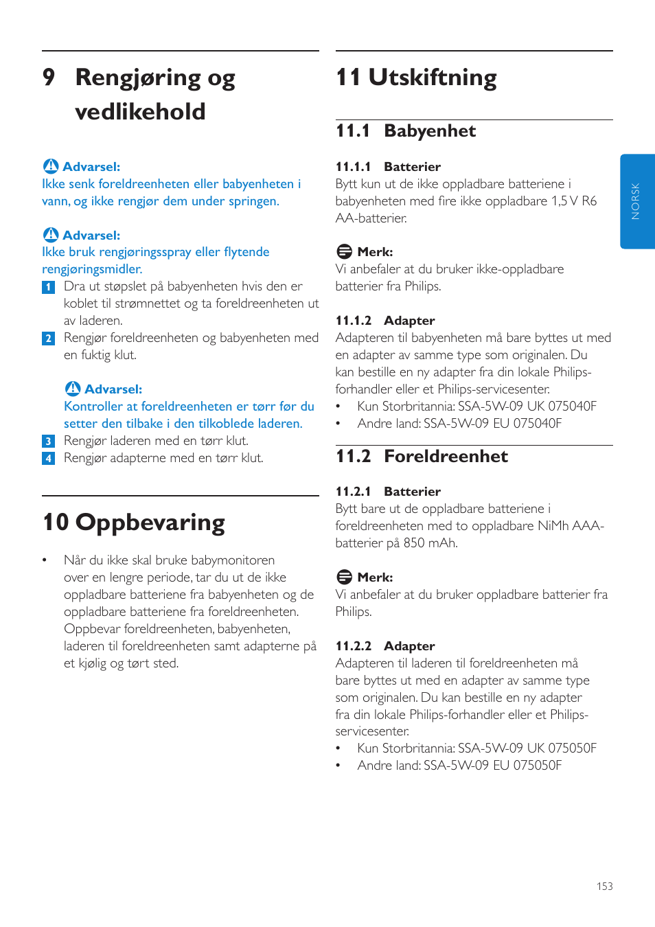 11 utskiftning, 9 rengjøring og vedlikehold, 10 oppbevaring | 1 babyenhet, 2 foreldreenhet | Philips AVENT Vigilabebés DECT User Manual | Page 153 / 204