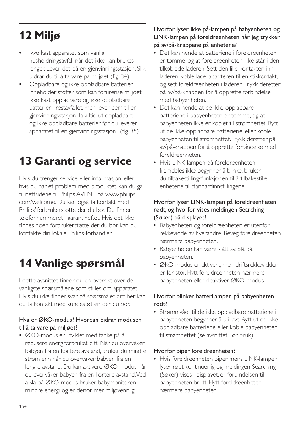 12 miljø, 13 garanti og service, 14 vanlige spørsmål | Philips AVENT Vigilabebés DECT User Manual | Page 154 / 204