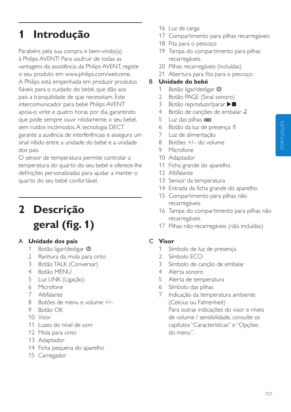 Português, Pt manual do utilizador, 1 introdução | 2 descrição geral (fig. 1) | Philips AVENT Vigilabebés DECT User Manual | Page 157 / 204