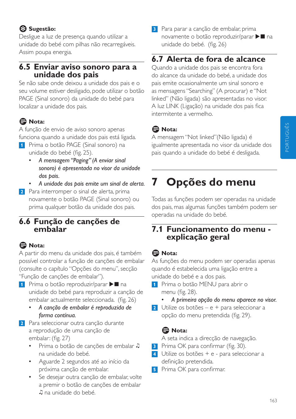7 opções do menu, 7 alerta de fora de alcance, 1 funcionamento do menu - explicação geral | 5 enviar aviso sonoro para a unidade dos pais, 6 função de canções de embalar | Philips AVENT Vigilabebés DECT User Manual | Page 163 / 204