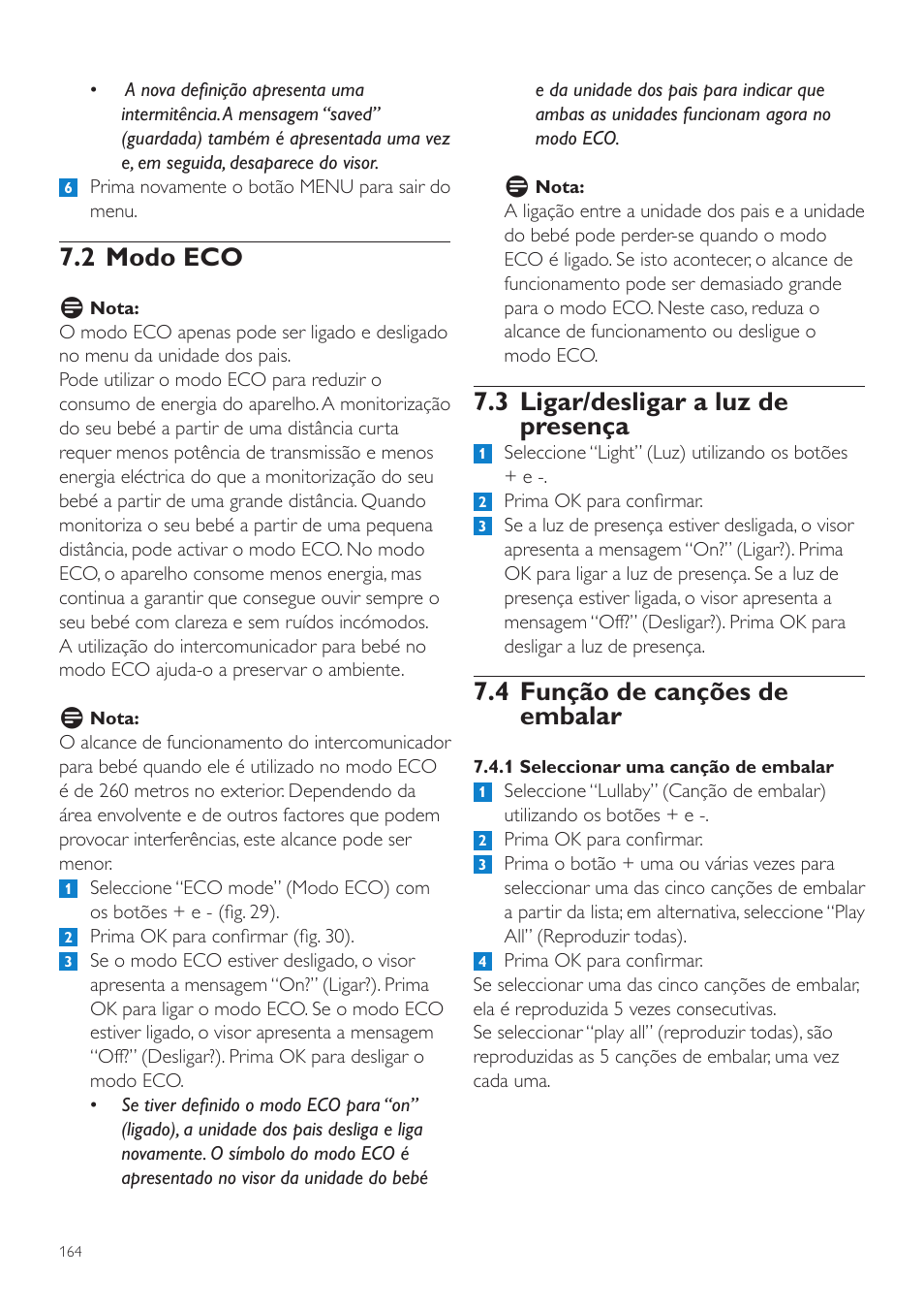 3 ligar/desligar a luz de presença, 4 função de canções de embalar, 2 modo eco | Philips AVENT Vigilabebés DECT User Manual | Page 164 / 204