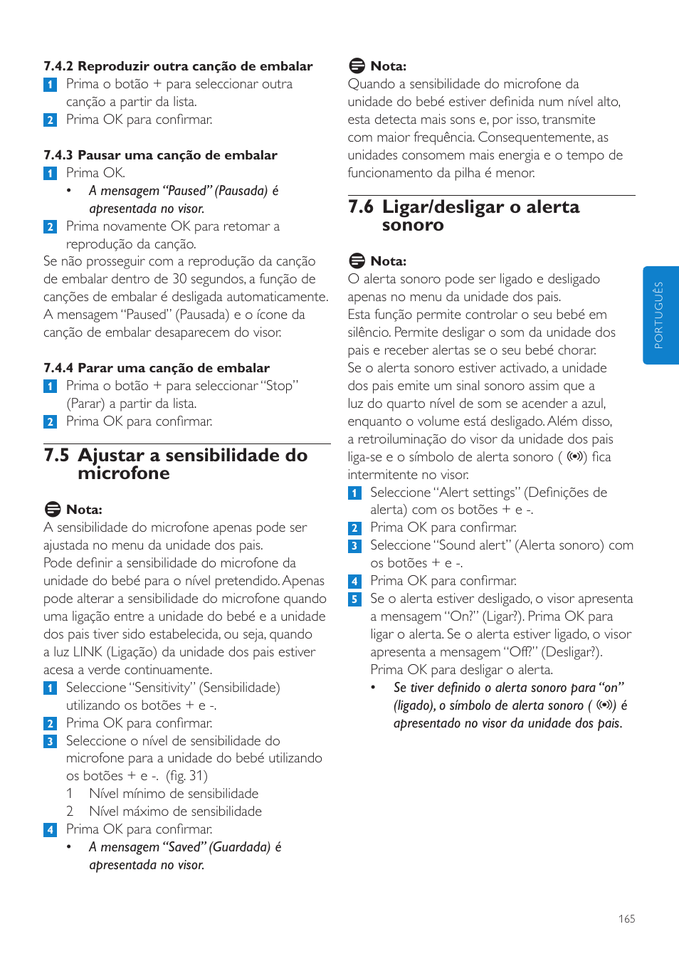 6 ligar/desligar o alerta sonoro, 5 ajustar a sensibilidade do microfone | Philips AVENT Vigilabebés DECT User Manual | Page 165 / 204