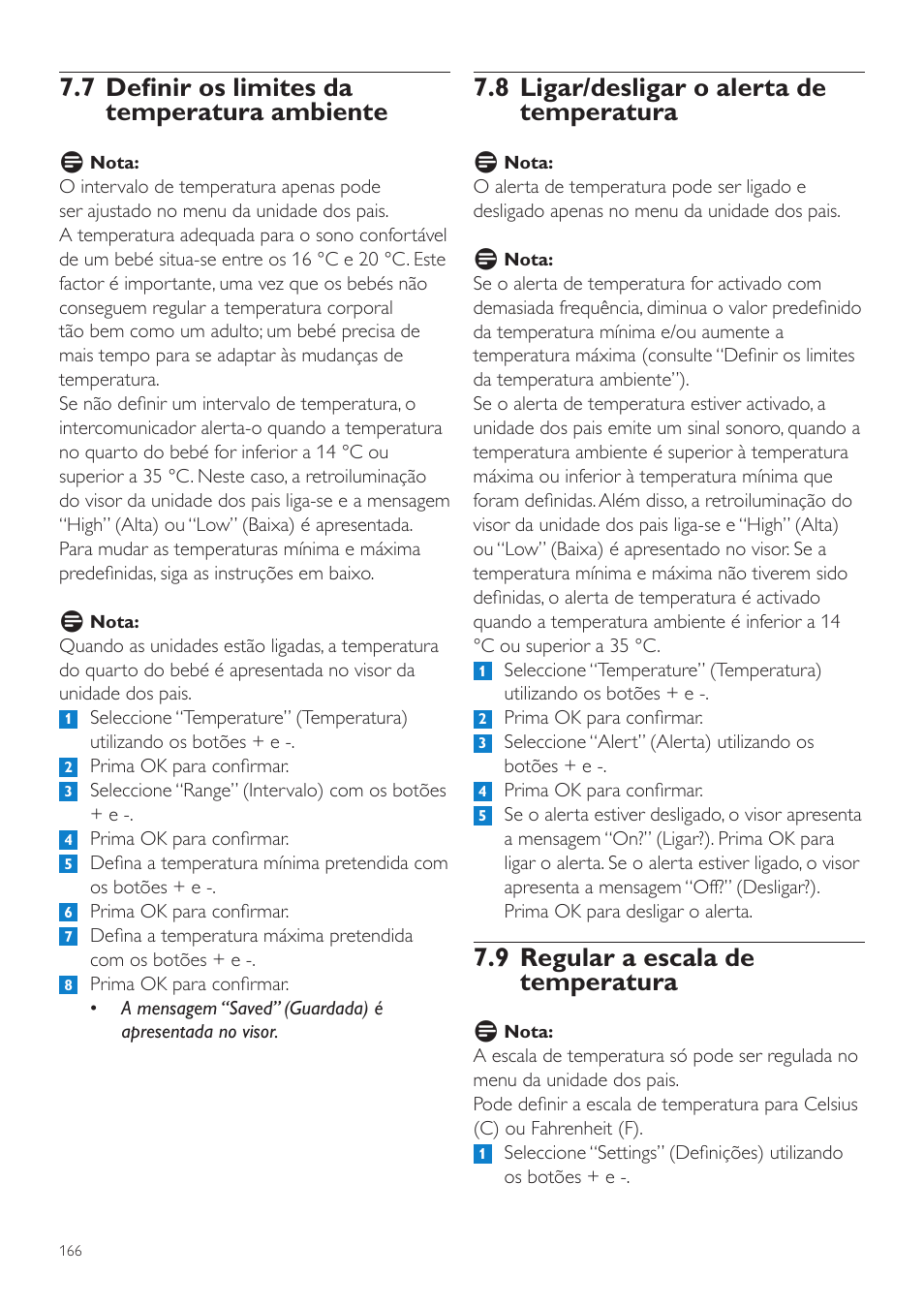 8 ligar/desligar o alerta de temperatura, 9 regular a escala de temperatura, 7 definir os limites da temperatura ambiente | Philips AVENT Vigilabebés DECT User Manual | Page 166 / 204
