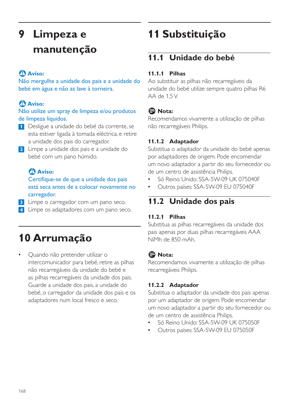 11 substituição, 9 limpeza e manutenção, 10 arrumação | 1 unidade do bebé, 2 unidade dos pais | Philips AVENT Vigilabebés DECT User Manual | Page 168 / 204
