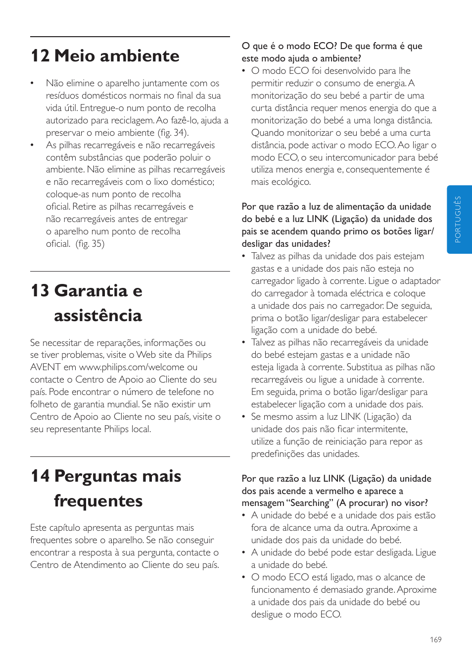 12 meio ambiente, 13 garantia e assistência, 14 perguntas mais frequentes | Philips AVENT Vigilabebés DECT User Manual | Page 169 / 204