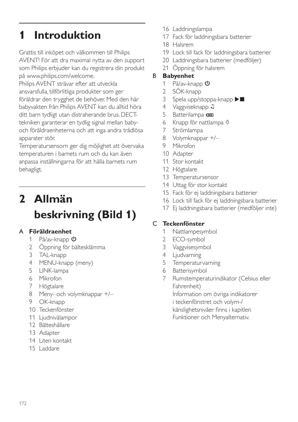 Dansk, Svenska, Sv användarhandbok | 1 introduktion, 2 allmän beskrivning (bild 1) | Philips AVENT Vigilabebés DECT User Manual | Page 172 / 204