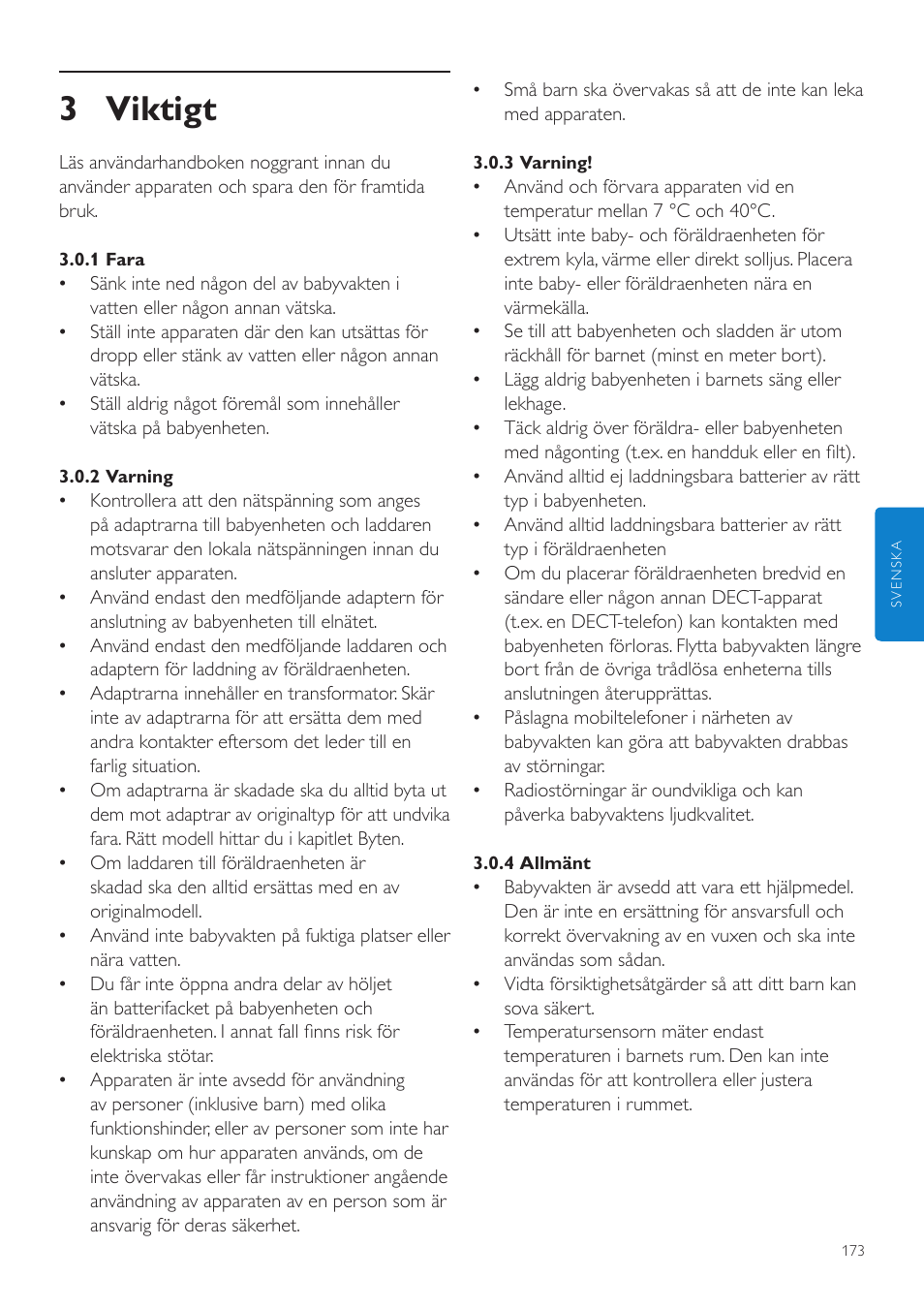 3 viktigt | Philips AVENT Vigilabebés DECT User Manual | Page 173 / 204