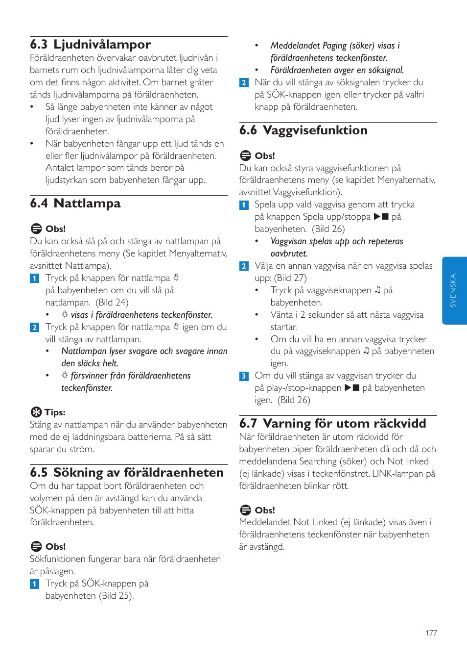 6 vaggvisefunktion, 7 varning för utom räckvidd, 3 ljudnivålampor | 4 nattlampa, 5 sökning av föräldraenheten | Philips AVENT Vigilabebés DECT User Manual | Page 177 / 204