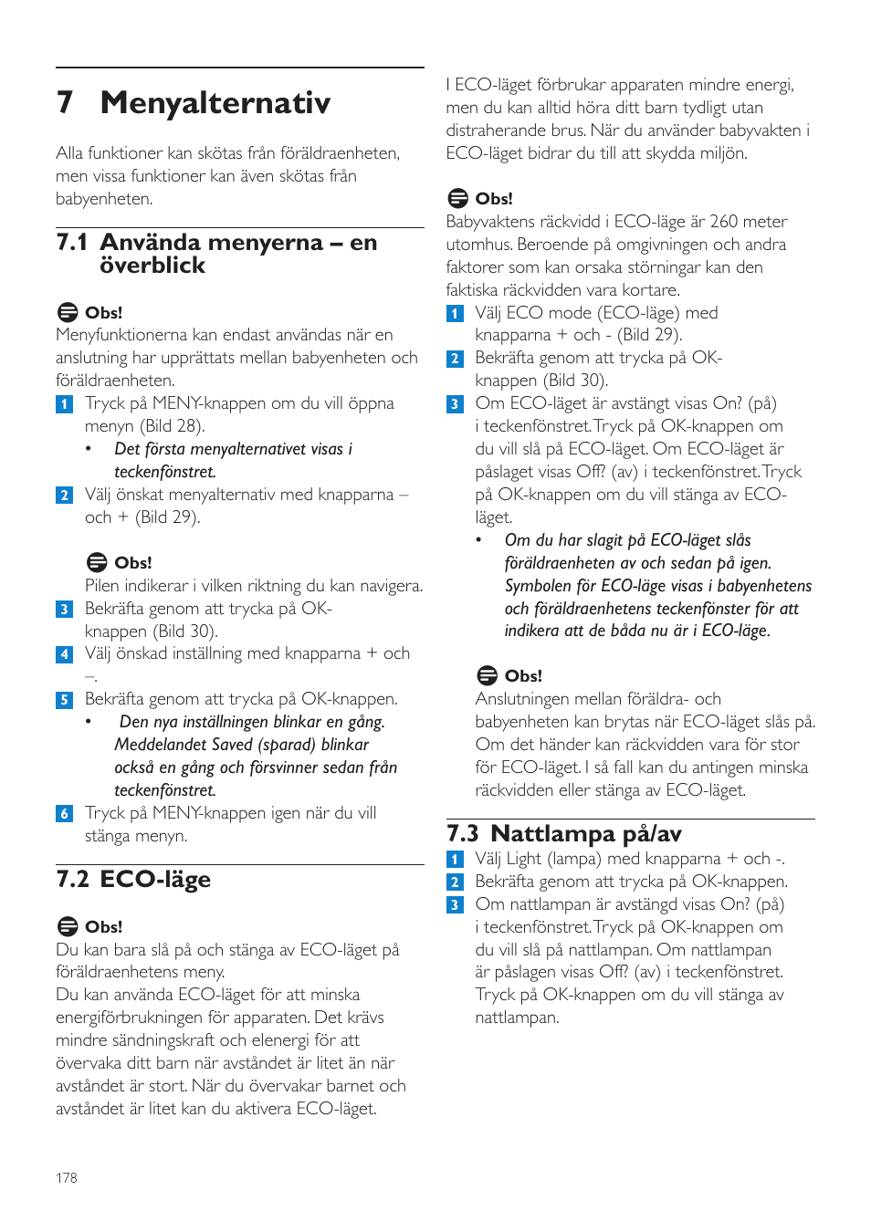 7 menyalternativ, 3 nattlampa på/av, 1 använda menyerna – en överblick | 2 eco-läge | Philips AVENT Vigilabebés DECT User Manual | Page 178 / 204