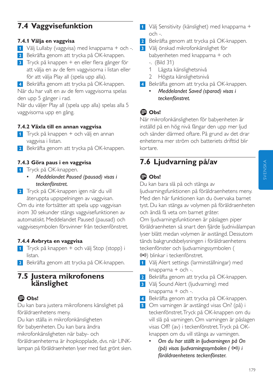 6 ljudvarning på/av, 4 vaggvisefunktion, 5 justera mikrofonens känslighet | Philips AVENT Vigilabebés DECT User Manual | Page 179 / 204