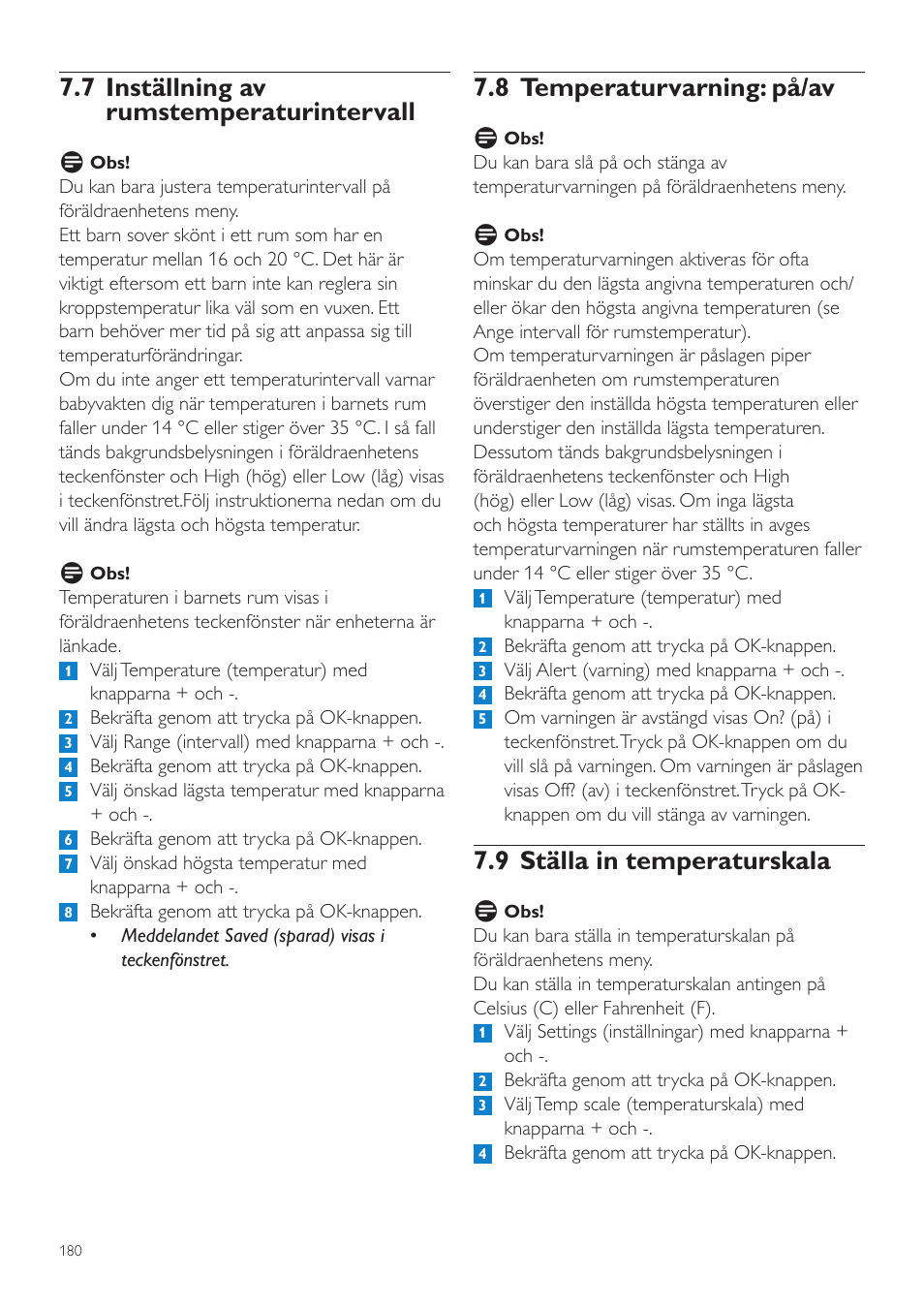 8 temperaturvarning: på/av, 9 ställa in temperaturskala, 7 inställning av rumstemperaturintervall | Philips AVENT Vigilabebés DECT User Manual | Page 180 / 204