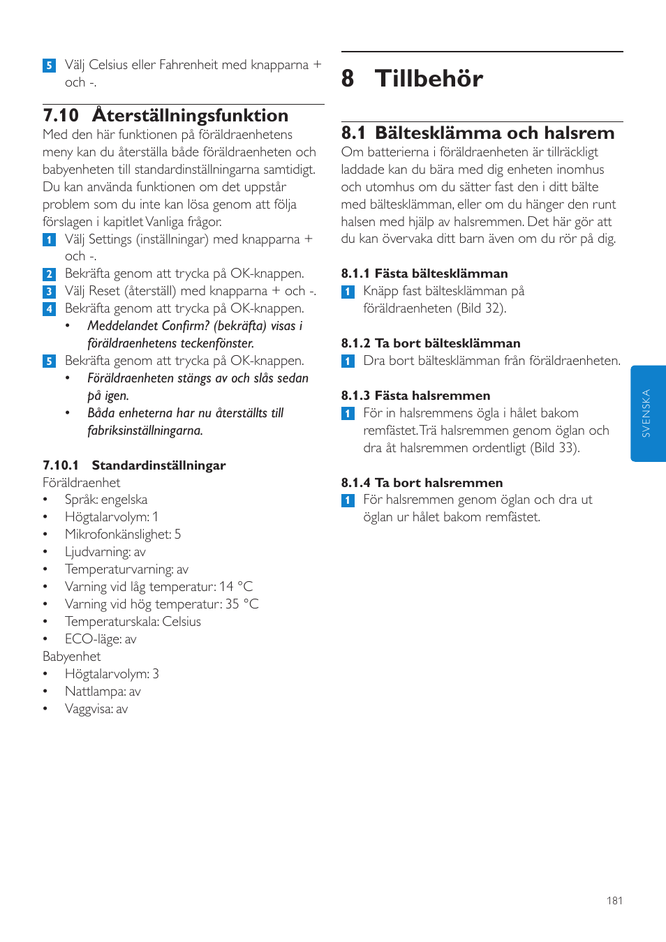 8 tillbehör, 1 bältesklämma och halsrem, 10 återställningsfunktion | Philips AVENT Vigilabebés DECT User Manual | Page 181 / 204