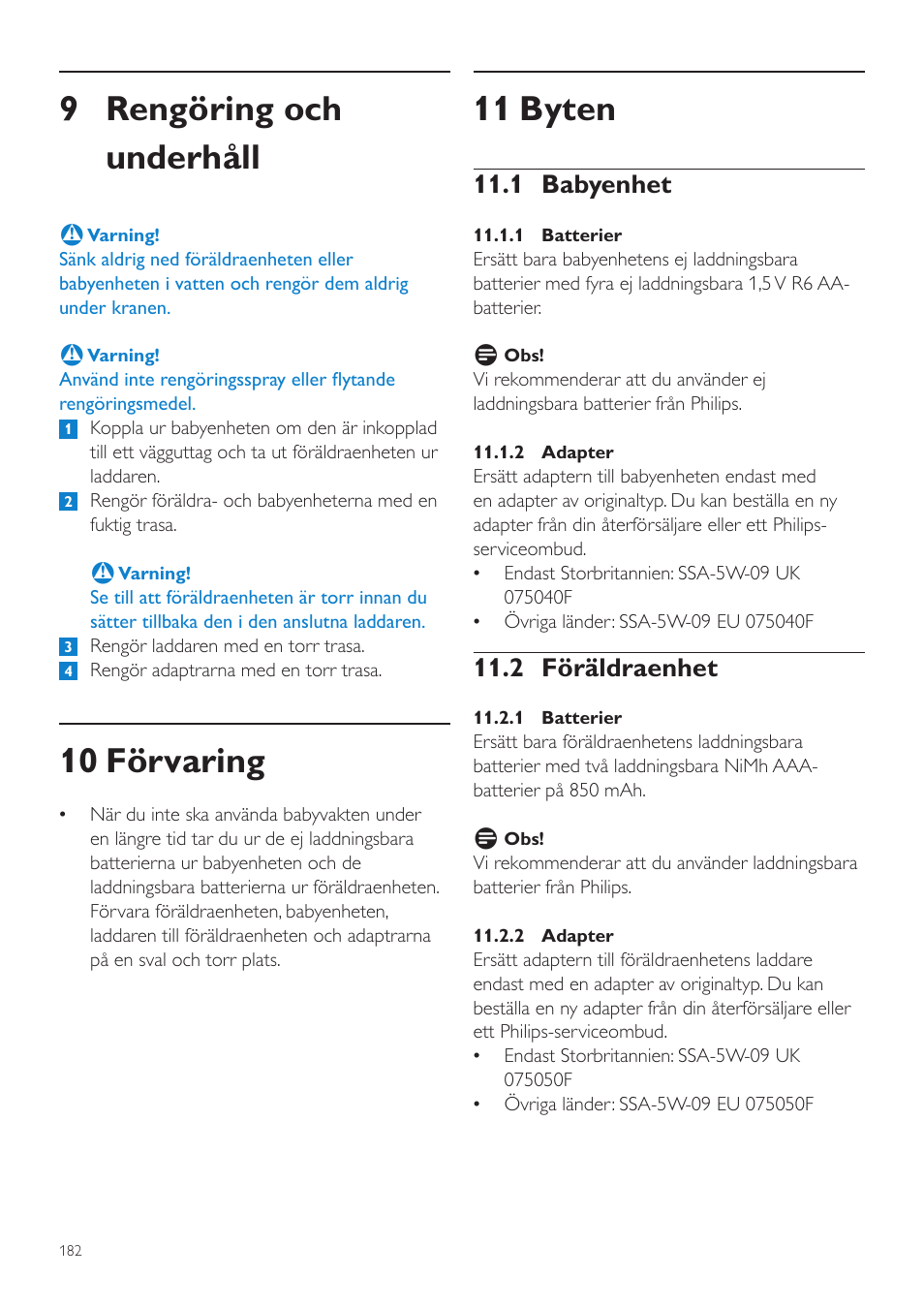 11 byten, 9 rengöring och underhåll, 10 förvaring | 1 babyenhet, 2 föräldraenhet | Philips AVENT Vigilabebés DECT User Manual | Page 182 / 204