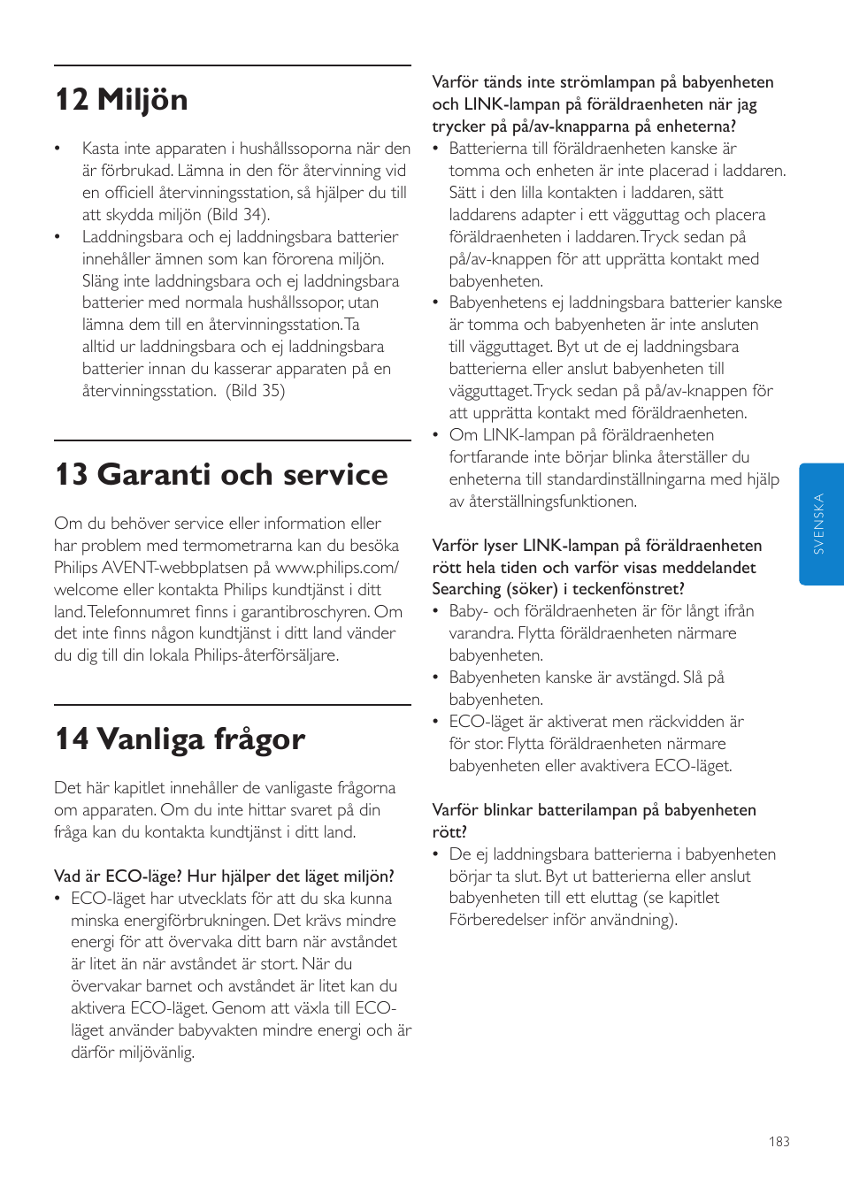 12 miljön, 13 garanti och service, 14 vanliga frågor | Philips AVENT Vigilabebés DECT User Manual | Page 183 / 204