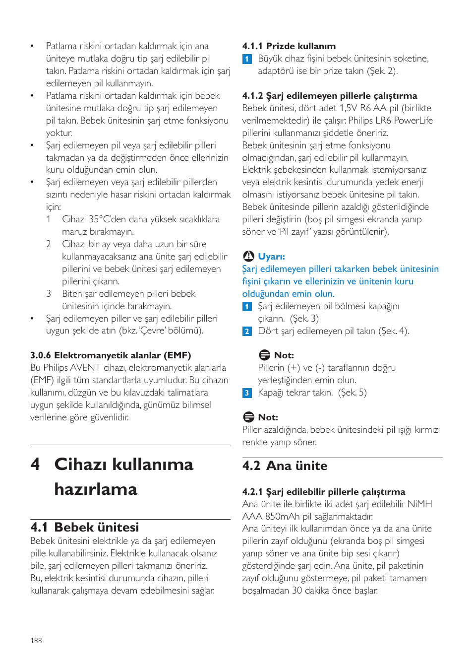 4 cihazı kullanıma hazırlama, 2 ana ünite, 1 bebek ünitesi | Philips AVENT Vigilabebés DECT User Manual | Page 188 / 204