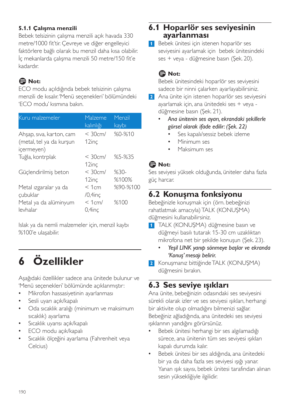 6 özellikler, 1 hoparlör ses seviyesinin ayarlanması, 2 konuşma fonksiyonu | 3 ses seviye ışıkları | Philips AVENT Vigilabebés DECT User Manual | Page 190 / 204