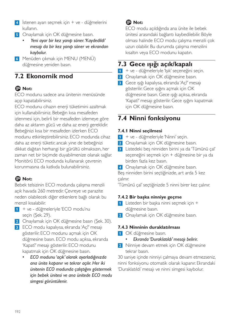 3 gece ışığı açık/kapalı, 4 ninni fonksiyonu, 2 ekonomik mod | Philips AVENT Vigilabebés DECT User Manual | Page 192 / 204