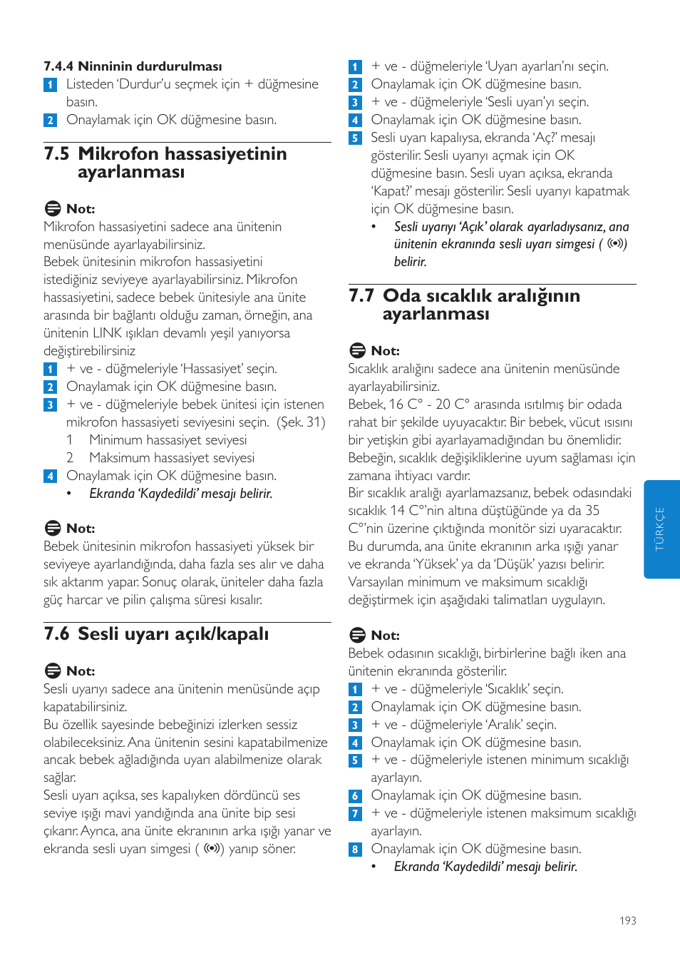 7 oda sıcaklık aralığının ayarlanması, 5 mikrofon hassasiyetinin ayarlanması, 6 sesli uyarı açık/kapalı | Philips AVENT Vigilabebés DECT User Manual | Page 193 / 204